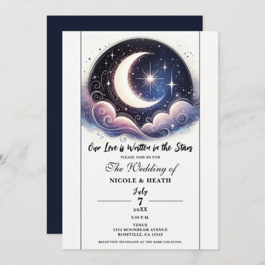 Geschrieben in Stars Watercolor Moon Wedding Einladung (Vorne/Hinten)