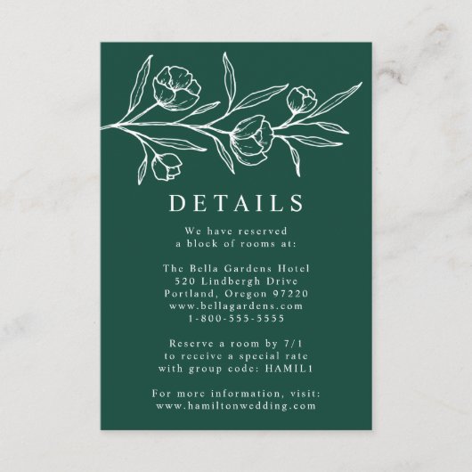 Geschriebene Blumengrün-Hochzeitdetails Begleitkarte (Vorderseite)