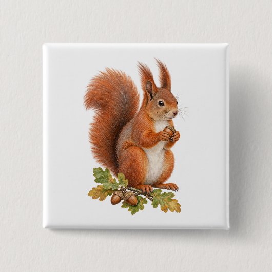 Geschwänztes Rotes Eichhörnchen mit Eichel und Her Button (Vorderseite)