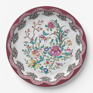 Geschweifte rosa Chinoiserie-Blüten Faux-Porzellan Pappteller