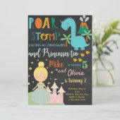 Geschwister Dinosaurier und Prinzessin Geburtstag  Einladung (Stehend Vorderseite)