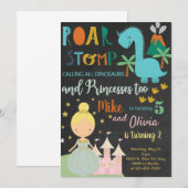 Geschwister Dinosaurier und Prinzessin Geburtstag  Einladung (Vorne/Hinten)