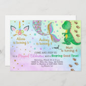 Geschwister Einhorn, Meerjungfrau & Dinosaurier Ei Einladung (Vorne/Hinten)