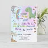 Geschwister Meerjungfrau und Dinosaurier Geburtsta Einladung (Stehend Vorderseite)