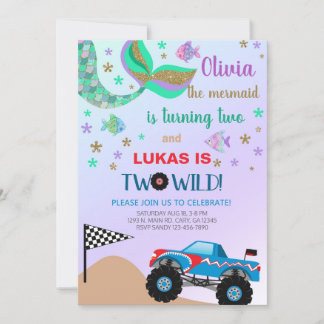Geschwister Mermaid & Monster LKW Geburtstag einla Einladung