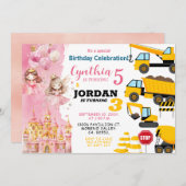 Geschwister Prinzessin und Baugewerbe Geburtstag Einladung (Vorne/Hinten)