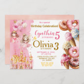 Geschwister Prinzessin und Eiscreme Geburtstag Einladung (Vorne/Hinten)