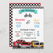 Geschwister Retro Racing Car Geburtstag Einladung (Vorne/Hinten)