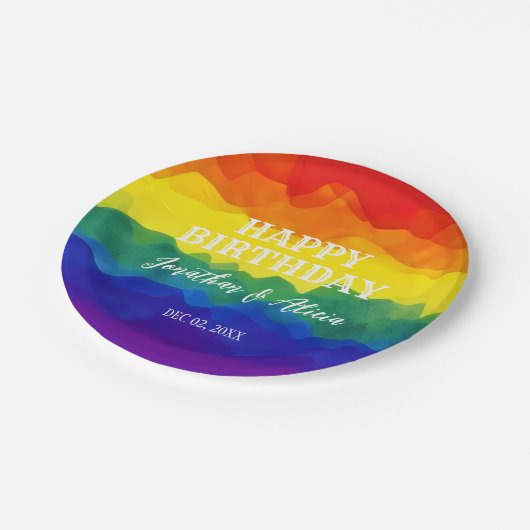 Geschwulstfarbener Regenbogen Pappteller (Schrägansicht)