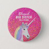 Gesegnet Big Sister Unicorn Rosa Glitzer Name Button (Vorderseite)