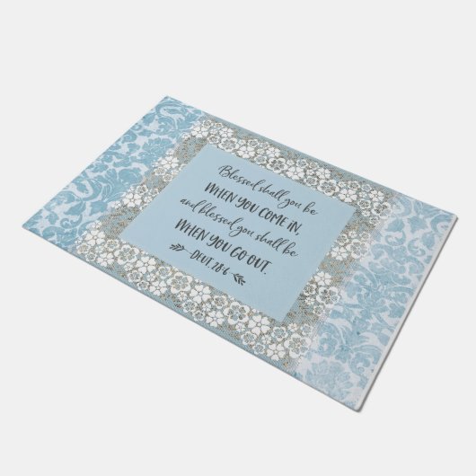 "Gesegnet" Blue Damask Spitzen Scripte Doormat Fußmatte (Schrägansicht)