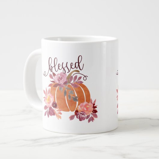 Gesegnet - Fall Pumpkin mit rosa Blume Jumbo-Tasse (Vorderseite Links)
