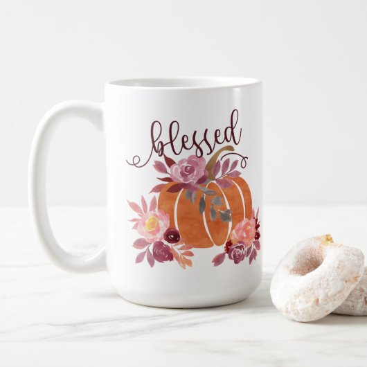 Gesegnet - Fall Pumpkin mit rosa Blume Kaffeetasse (Mit Donut)
