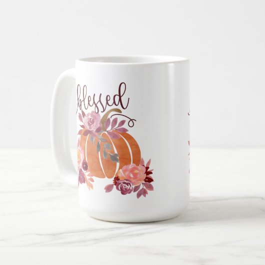 Gesegnet - Fall Pumpkin mit rosa Blume Kaffeetasse (Vorderseite Links)