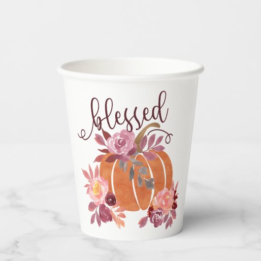 Gesegnet - Fall Pumpkin mit rosa Blume Pappbecher (Rückseite)