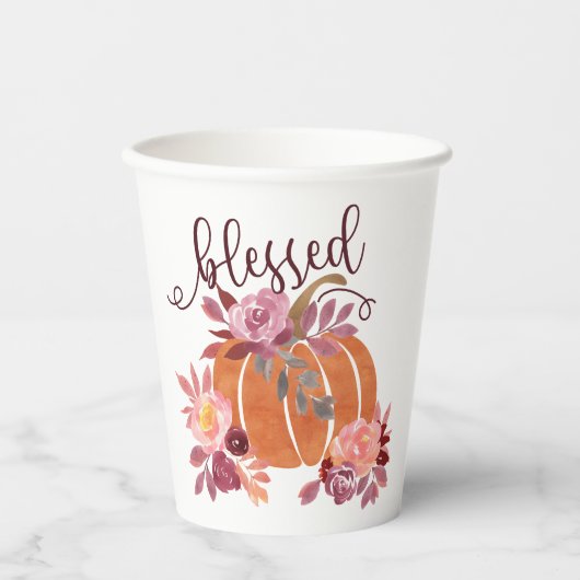 Gesegnet - Fall Pumpkin mit rosa Blume Pappbecher (Vorderseite)