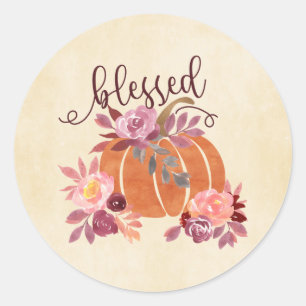 Gesegnet - Fall Pumpkin mit rosa Blume Runder Aufkleber