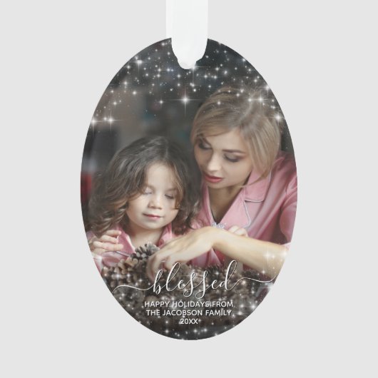 Gesegnet. Foto mit festlichen Glitzern Weihnachten Ornament (Vorderseite)