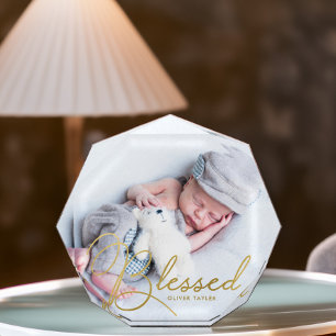 "Gesegnet" Gold Foil Effect Baby Personalisiert Fotoblock