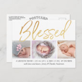 "Gesegnet" Goldfolie 3 Foto Geburtsankündigung Ankündigungspostkarte (Vorne/Hinten)