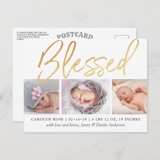 "Gesegnet" Goldfolie 3 Foto Geburtsankündigung Ankündigungspostkarte (Vorne/Hinten)
