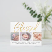 "Gesegnet" Goldfolie 3 Foto Geburtsankündigung Ankündigungspostkarte (Stehend Vorderseite)