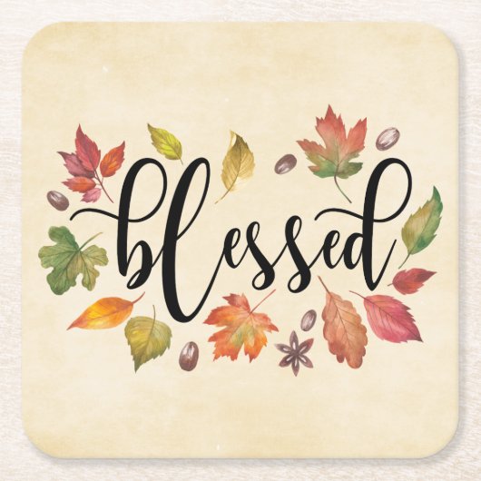 Gesegnet in schwarzer Kalligrafie und Herbstleaven Rechteckiger Pappuntersetzer (Vorderseite)