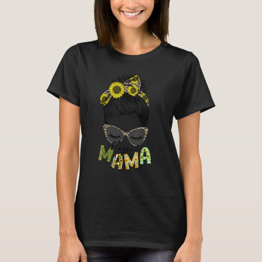 Gesegnet Mama Sunflower Leopard Glasses Messy Bun T-Shirt (Vorderseite)