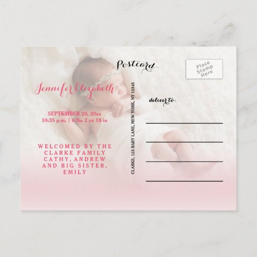 gesegnet | Pink Baby Girl Geburtserklärung Ankündigungspostkarte (Rückseite)