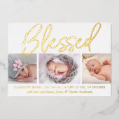 "Gesegnet" Real Foil 3 Foto Geburtsankündigung Folieneinladung (Vorderseite)