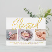 "Gesegnet" Real Foil 3 Foto Geburtsankündigung Folieneinladung (Stehend vorne)