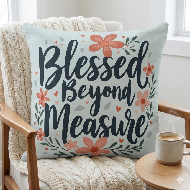 Gesegnet über die Messung inspirierender Blumenkun Kissen (Blessed Beyond Measure Inspirational Floral Art Throw Pillow Mockup A)