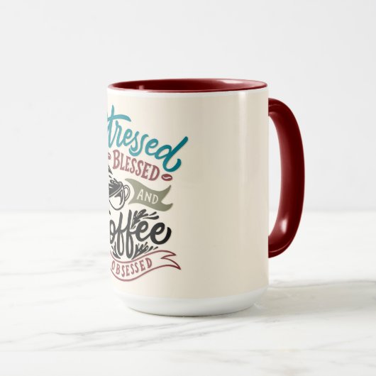 Gesegnet und mit Kaffee besessene Tasse (VorderseiteRechts)