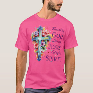 Gesegnet von Gott geliebt von Jesus Blumenkreuz T-Shirt