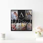 Gesegnete Familienname-Script Monogram-FotoCollage Quadratische Wanduhr (Zuhause)