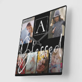 Gesegnete Familienname-Script Monogram-FotoCollage Quadratische Wanduhr (Winkel)