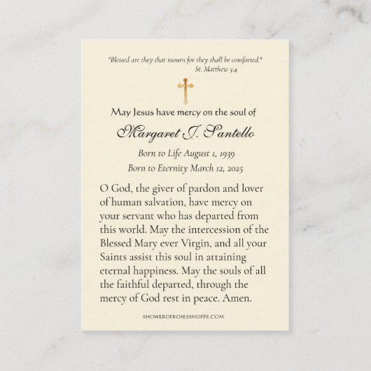 Gesegnete Jungfrau Mary Katholic Beerdigung Gebets Visitenkarte (Rückseite)