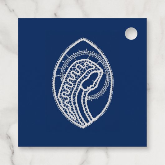 Gesegnete Jungfrau Mary, weiße Spitze, marineblau Geschenkanhänger (Rückseite)