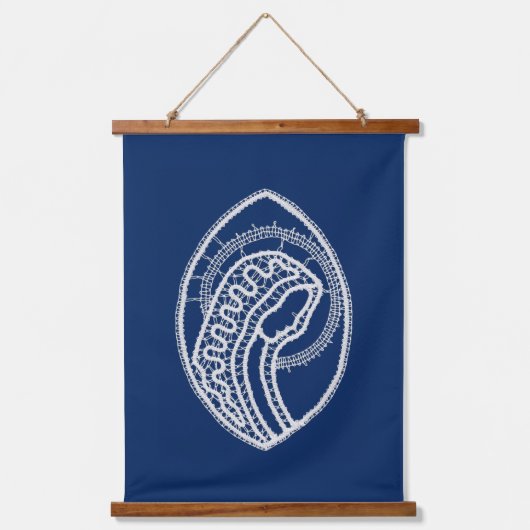 Gesegnete Jungfrau Mary, weiße Spitze, marineblau Wandteppich Mit Holzrahmen (Vorderseite)