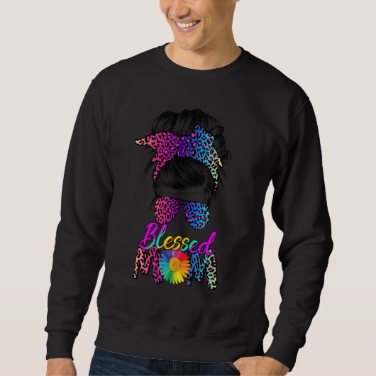 Gesegnete Mama Messy Bun Leopard Sonnenblumen Mama Sweatshirt (Vorderseite)