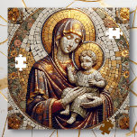 Gesegnete Mutter Mary and Baby Jesus | religiös Puzzle<br><div class="desc">Jungfrau Mary mit Baby Jesus in einem Fliesenmosaik Stil Gold,  Schwarz-Weiß-Puzzle.</div>