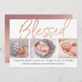 "Gesegnete" Rose Gold Foil Foto Geburtsankündigung Ankündigung (Vorne/Hinten)