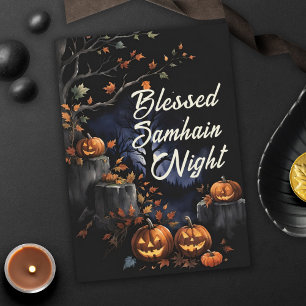 Gesegnete Samhain Night Herbstlaubs & Pumpkins Karte