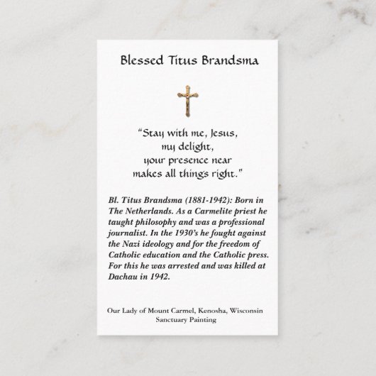 Gesegnete Titus Brandsma Carmelite Visitenkarte (Rückseite)