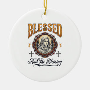 Gesegnetes christliches Vintage-Stich-T-Shirt-Desi Keramik Ornament