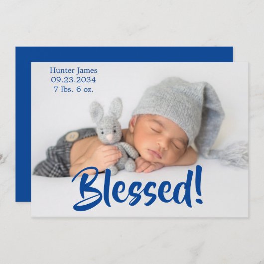 Gesegnetes Foto Blue Script Personalisierte Geburt Ankündigung (Vorne/Hinten)