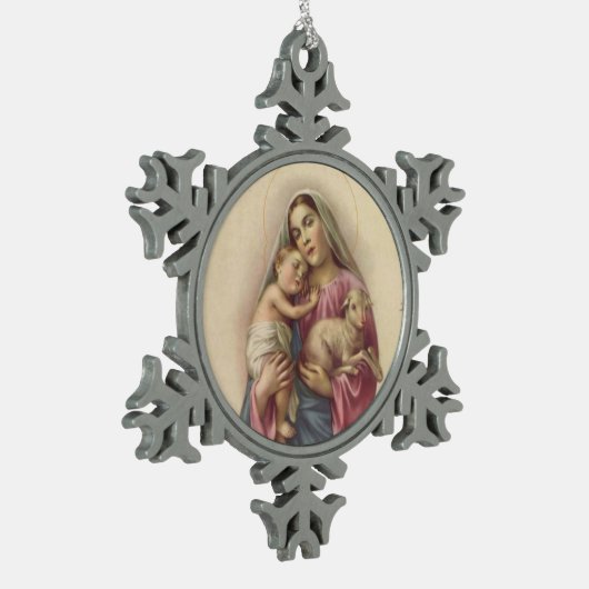 Gesegnetes Jungfrau-Mary-Mutter-Baby Jesus u. Lamm Schneeflocken Zinn-Ornament (Links)