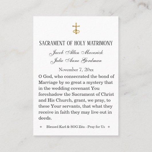 Gesegnetes Karl & Zita Wedding Holy Card Platzkarte (Rückseite)