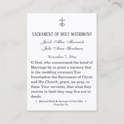 Gesegnetes Karl & Zita Wedding Holy Card Visitenkarte (Rückseite)