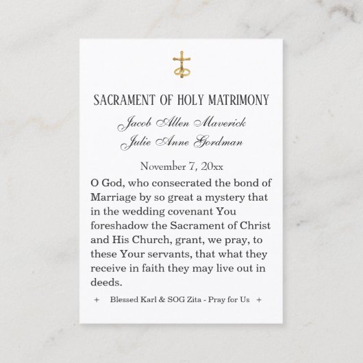 Gesegnetes Karl & Zita Wedding Holy Card Visitenkarte (Rückseite)